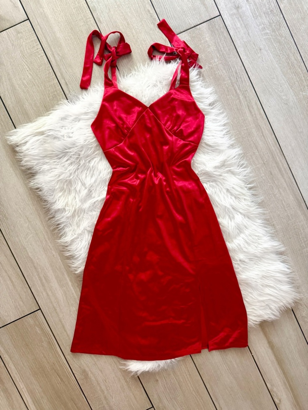 NanaMacs Satin Red Midi Dress with Tie Straps